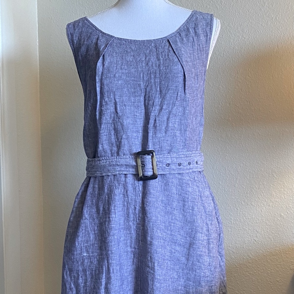 Tahari Women’s Size 16 Blue Linen Sleeveless Work Dress With Pockets Side Zip